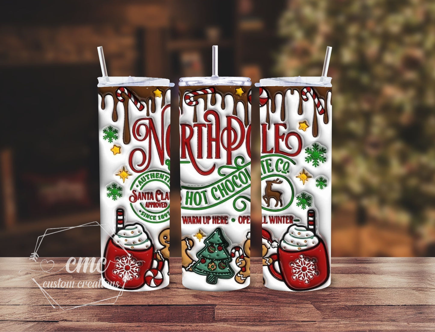 "Faux 3D Puff" North Pole Hot Chocolate Christmas 20 oz Stainless Skinny Tumbler