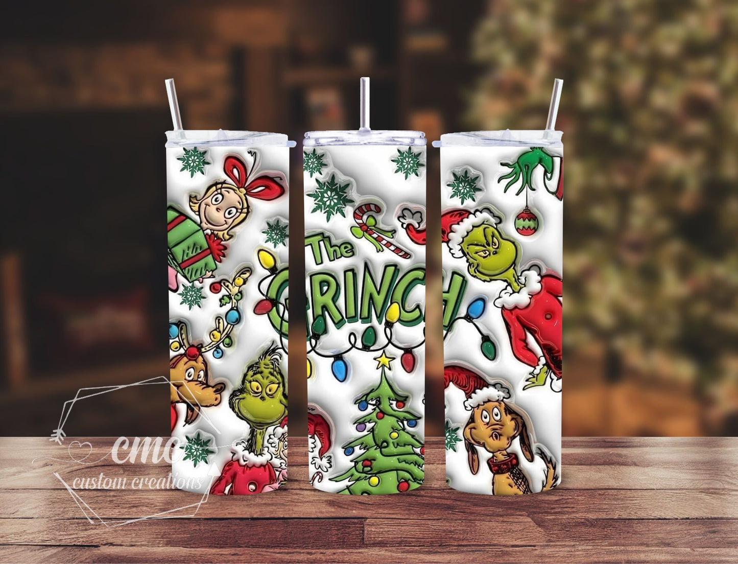 "Faux 3D Puff" Green Christmas 20 oz Stainless Skinny Tumbler