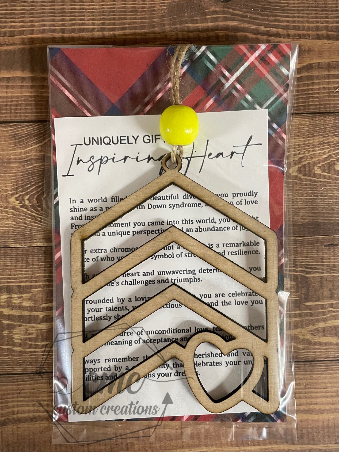 Uniquely Gifted Inspiring Heart Down Syndrome Awareness Wooden Ornament/Car Charm