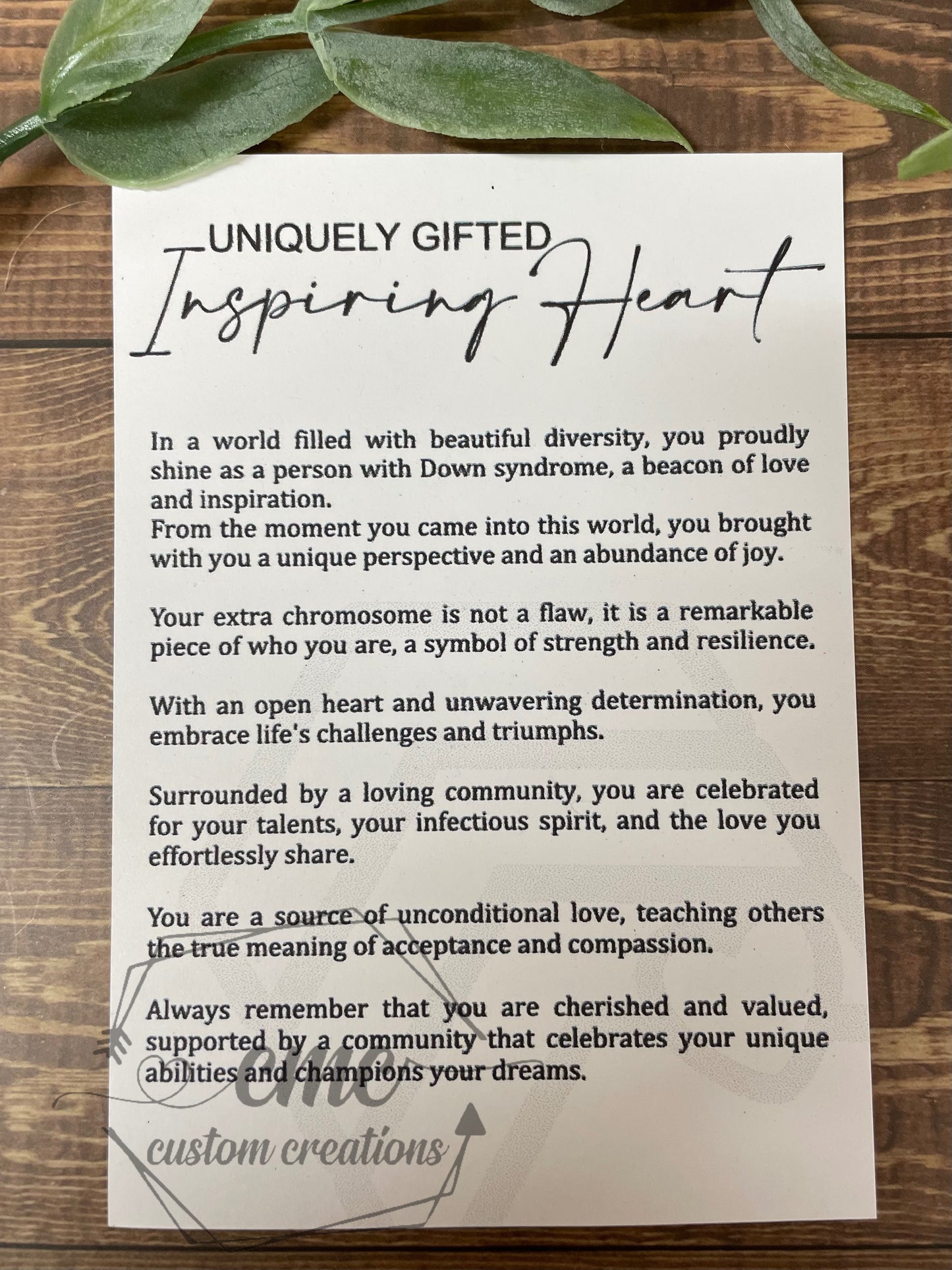 Uniquely Gifted Inspiring Heart Down Syndrome Awareness Wooden Ornament/Car Charm