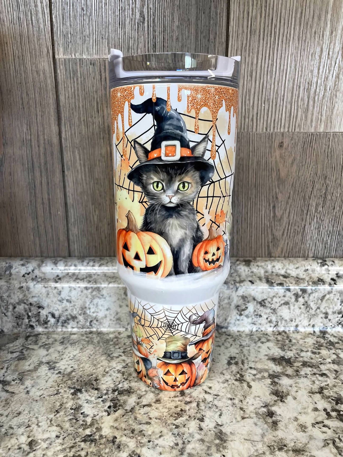Black Cat Halloween 40 ounce Stainless Tumbler with Handle