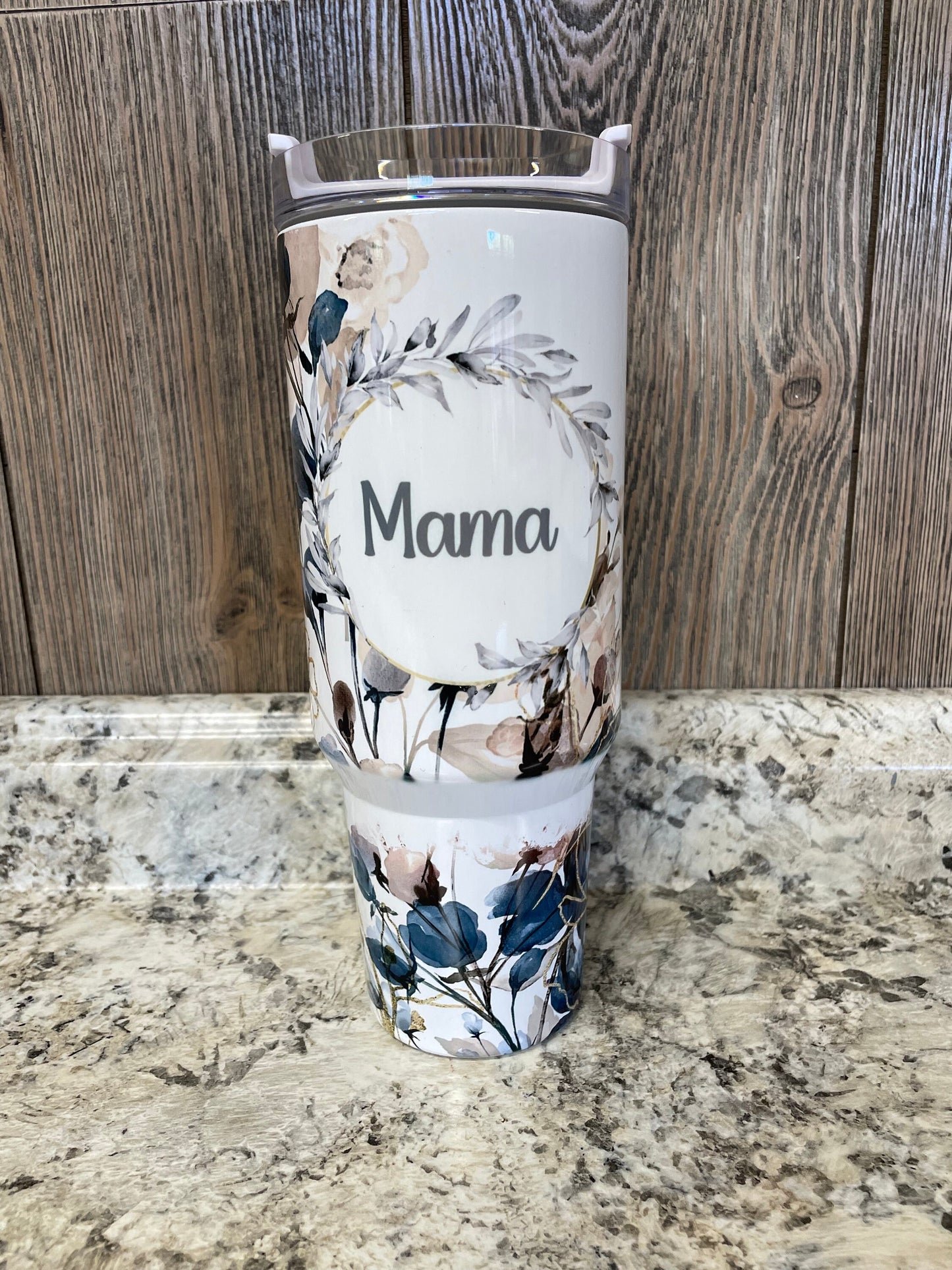 Mama Navy & Gold Floral 40 ounce stainless tumbler with Handle