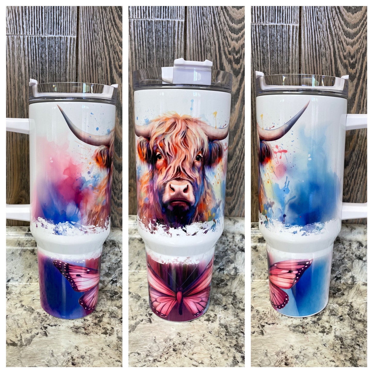 Highlander Cow Butterfly Watercolor 40 ounce Stainless Tumbler with Handle