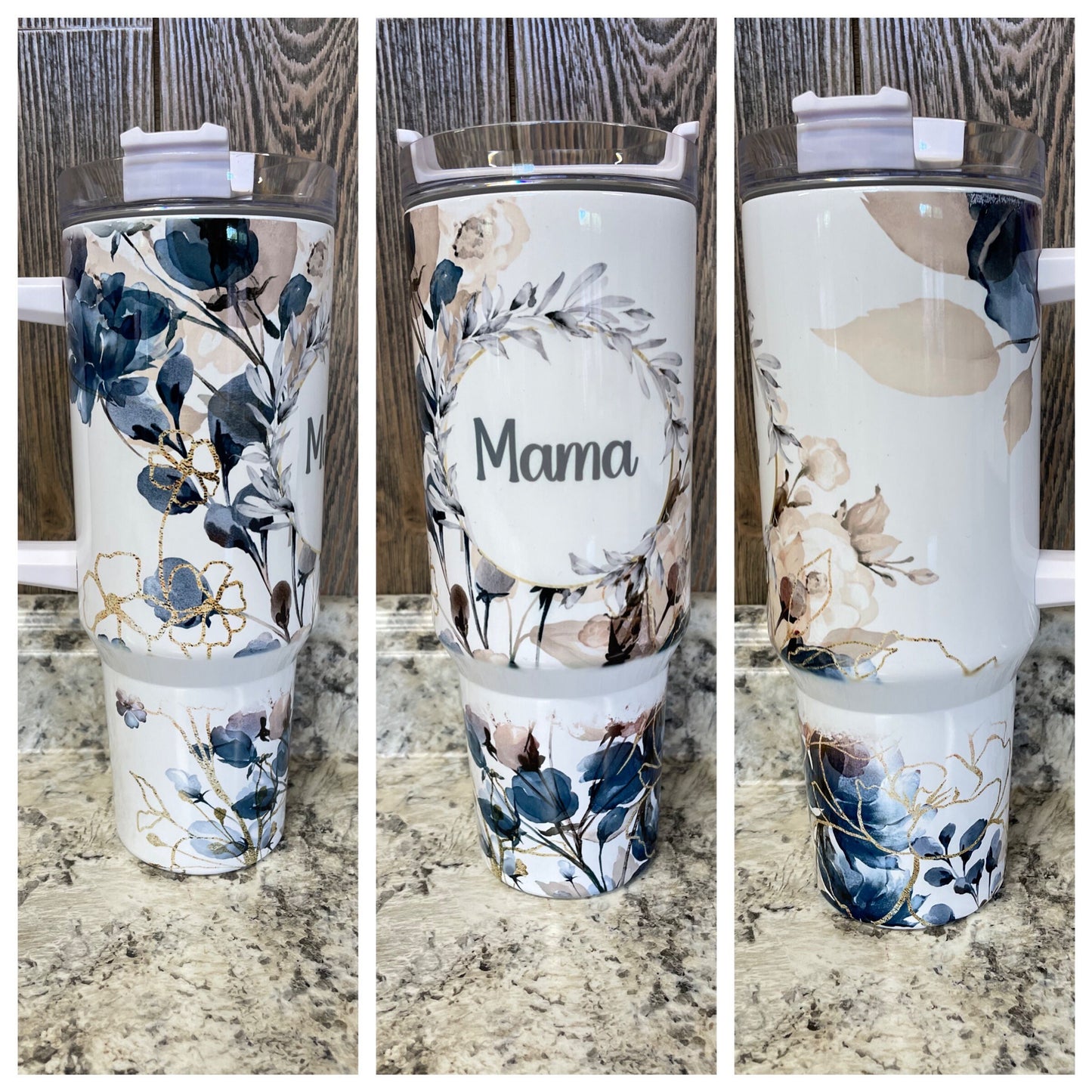 Mama Navy & Gold Floral 40 ounce stainless tumbler with Handle