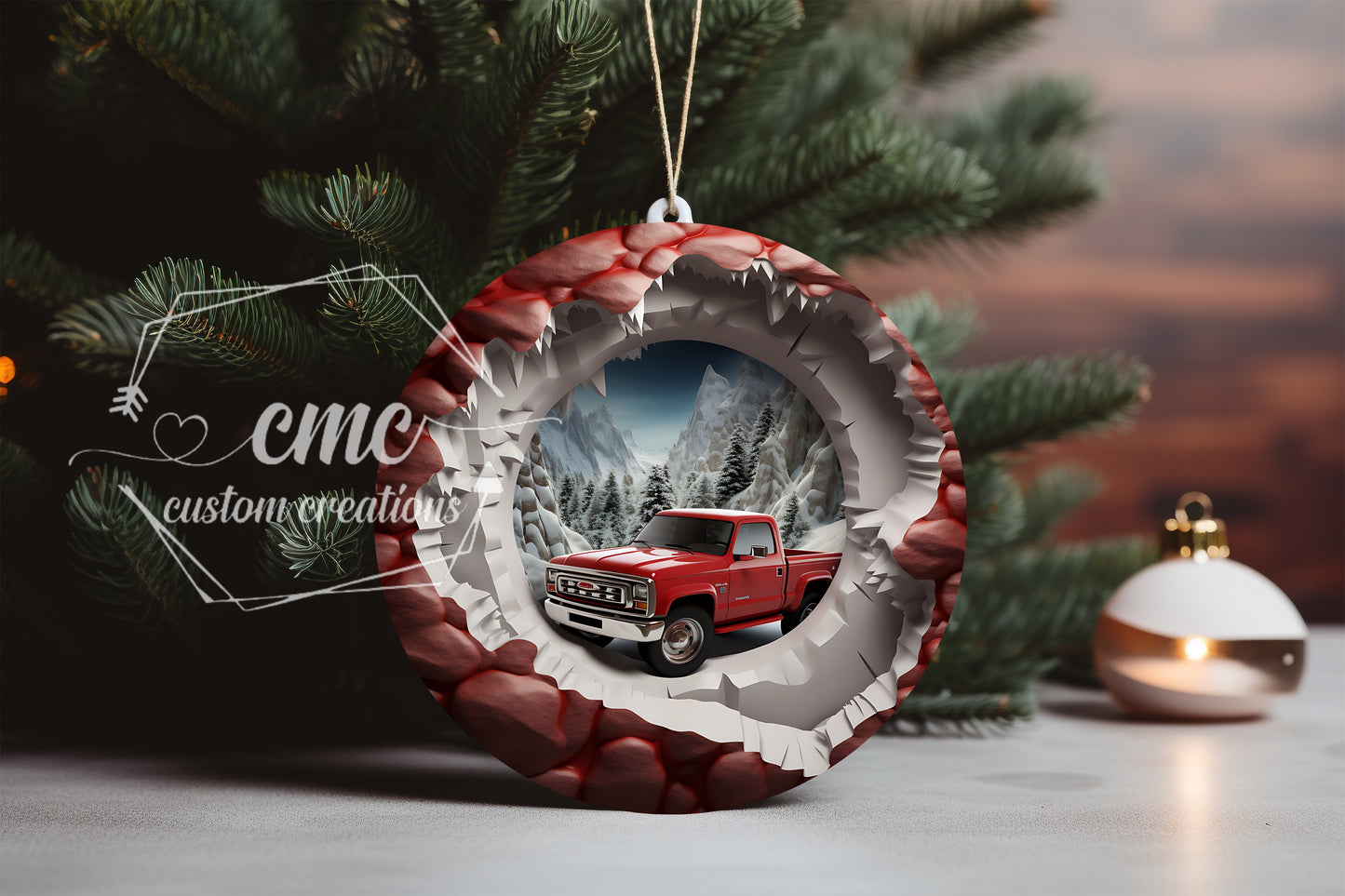 "Faux 3D"  Breakthrough Red Truck Christmas Ornament