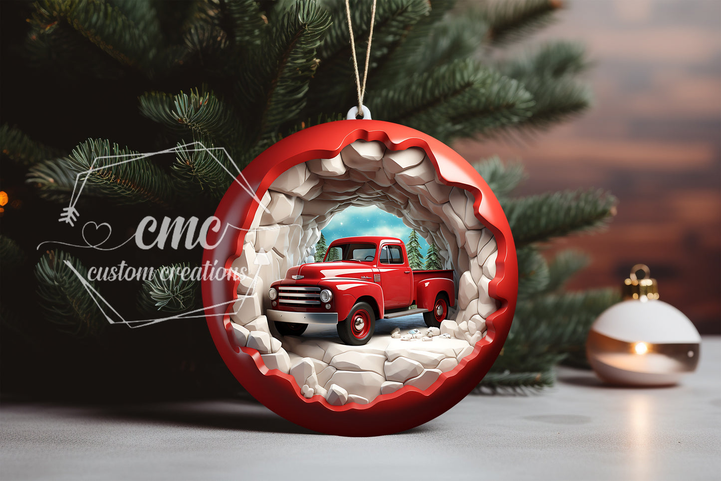 "Faux 3D"  Breakthrough Red Truck Christmas Ornament