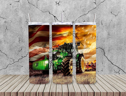 Green Tractor Sunset American Flag 20 Oz Stainless Skinny  Tumbler