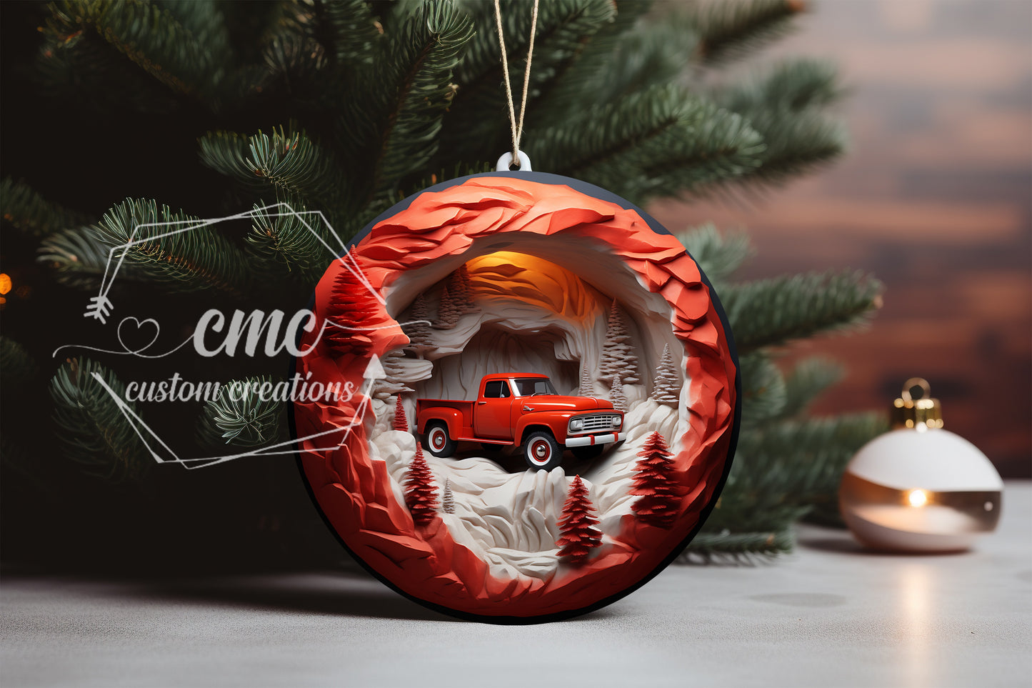 "Faux 3D"  Breakthrough Red Truck Christmas Ornament