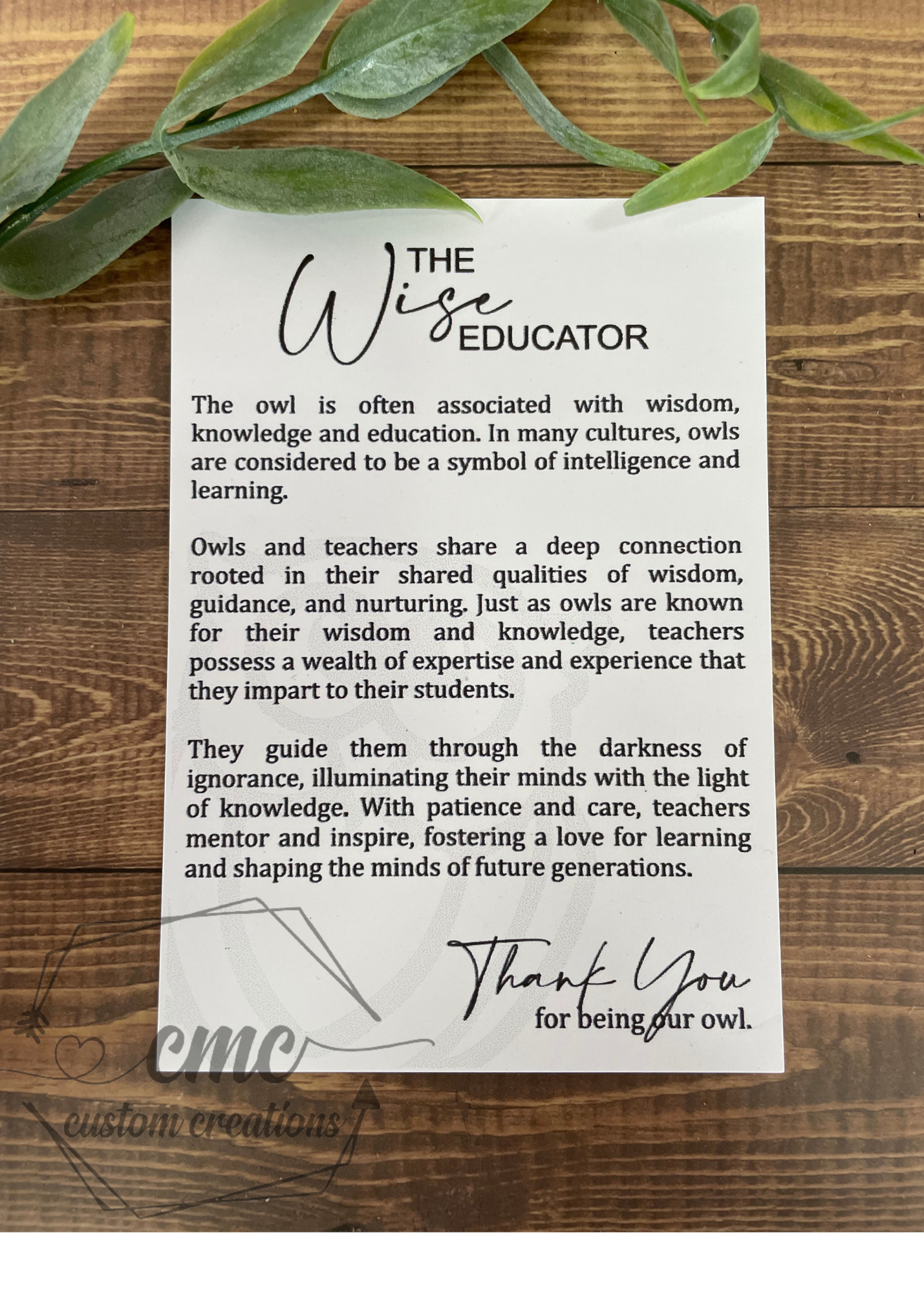 The Wise Educator Owl Wooden OrnamentWooden Ornament/Car Charm