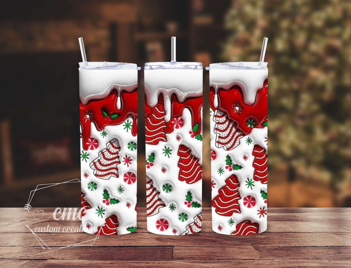 "Faux 3D Puff" Snack Tree Christmas 20 oz Stainless Skinny Tumbler