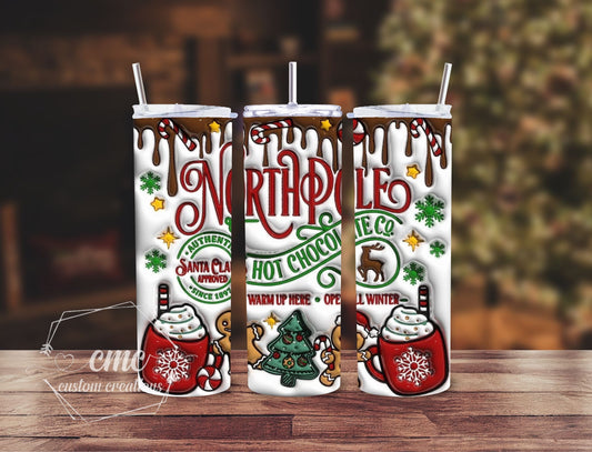 "Faux 3D Puff" North Pole Hot Chocolate Christmas 20 oz Stainless Skinny Tumbler