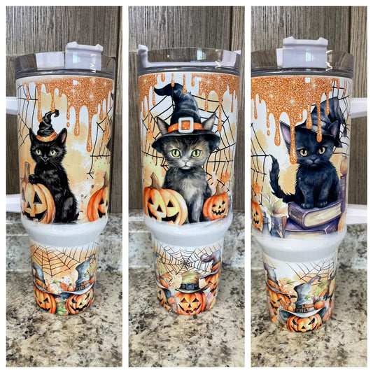 Black Cat Halloween 40 ounce Stainless Tumbler with Handle