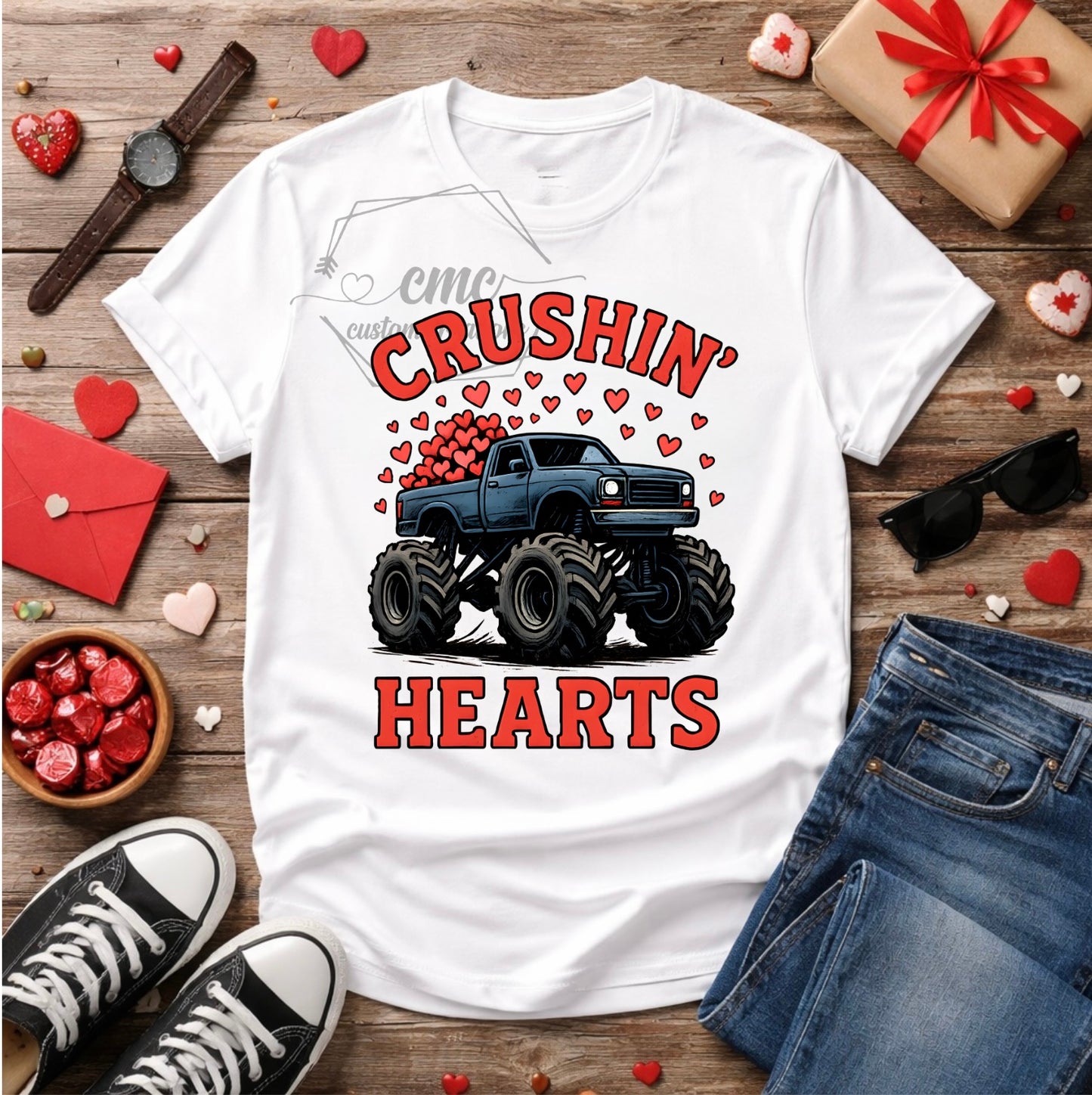 Monster Truck Crushing Hearts Graphic Tee