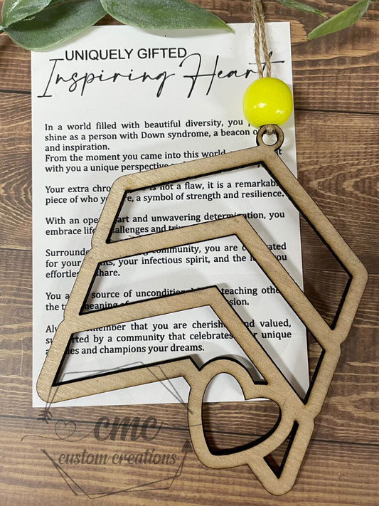 Uniquely Gifted Inspiring Heart Down Syndrome Awareness Wooden Ornament/Car Charm