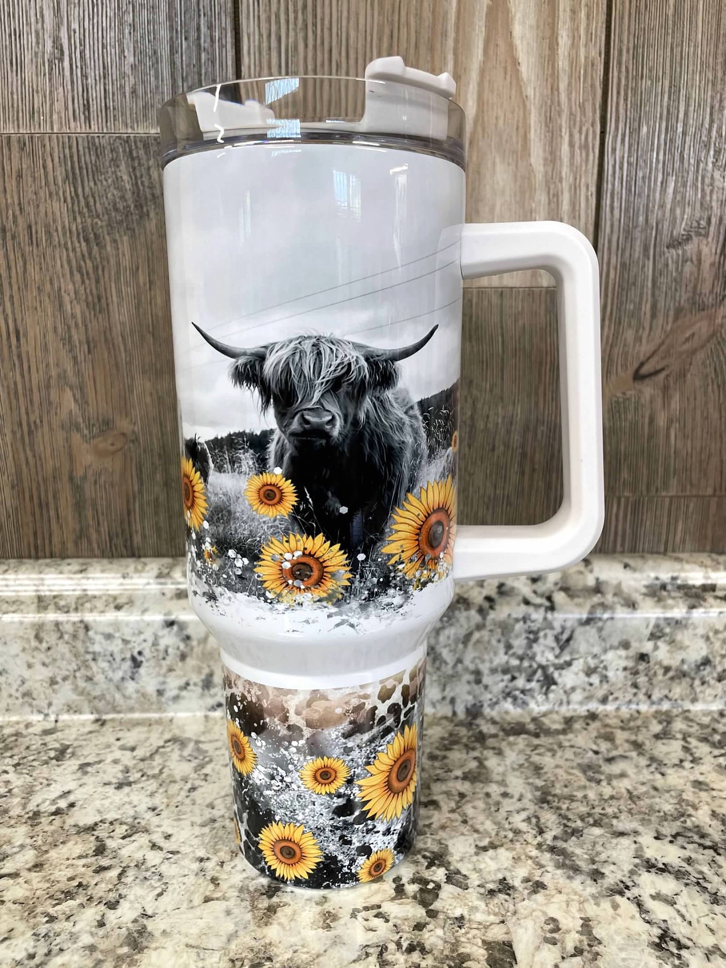 Highlander Cow Black & White Sunflower Rustic 40 ounce Stainless tumbler with Handle