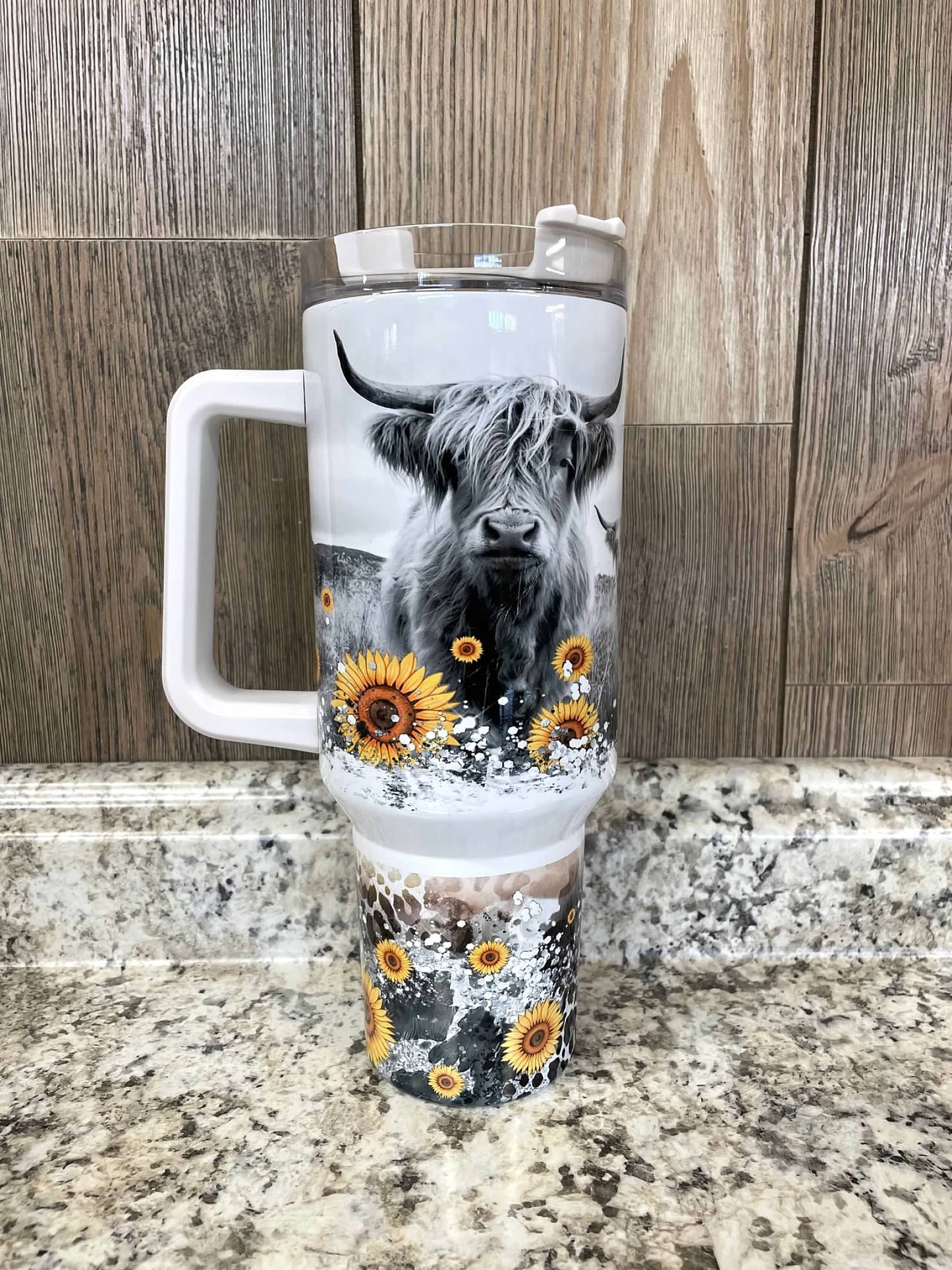 Highlander Cow Black & White Sunflower Rustic 40 ounce Stainless tumbler with Handle