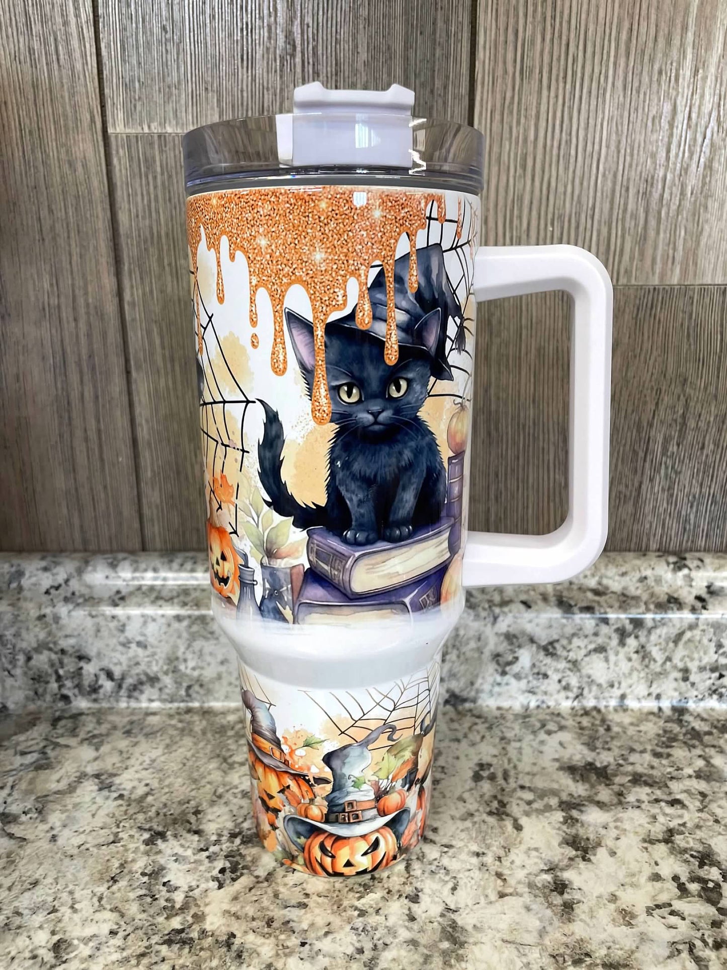Black Cat Halloween 40 ounce Stainless Tumbler with Handle