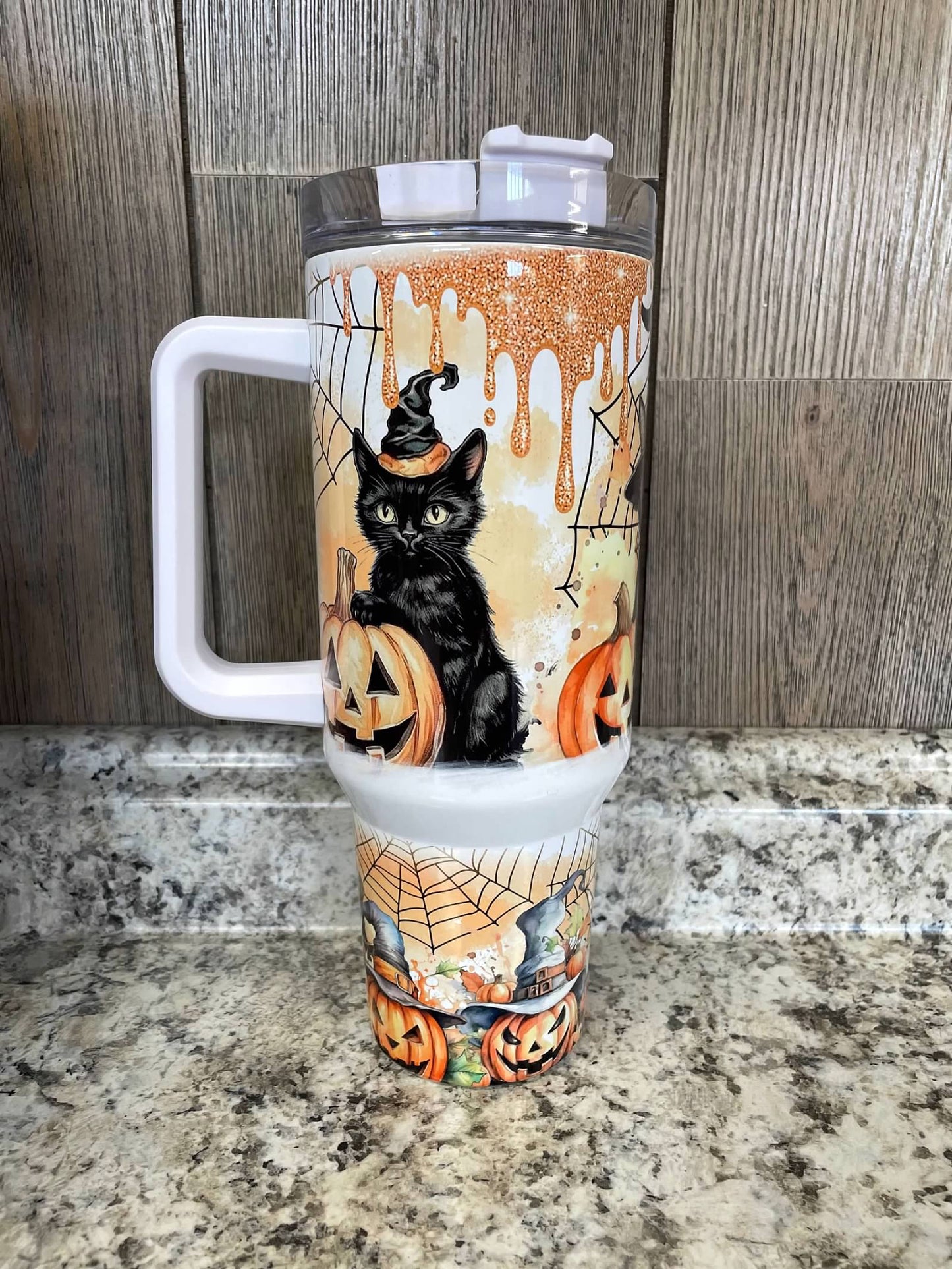 Black Cat Halloween 40 ounce Stainless Tumbler with Handle