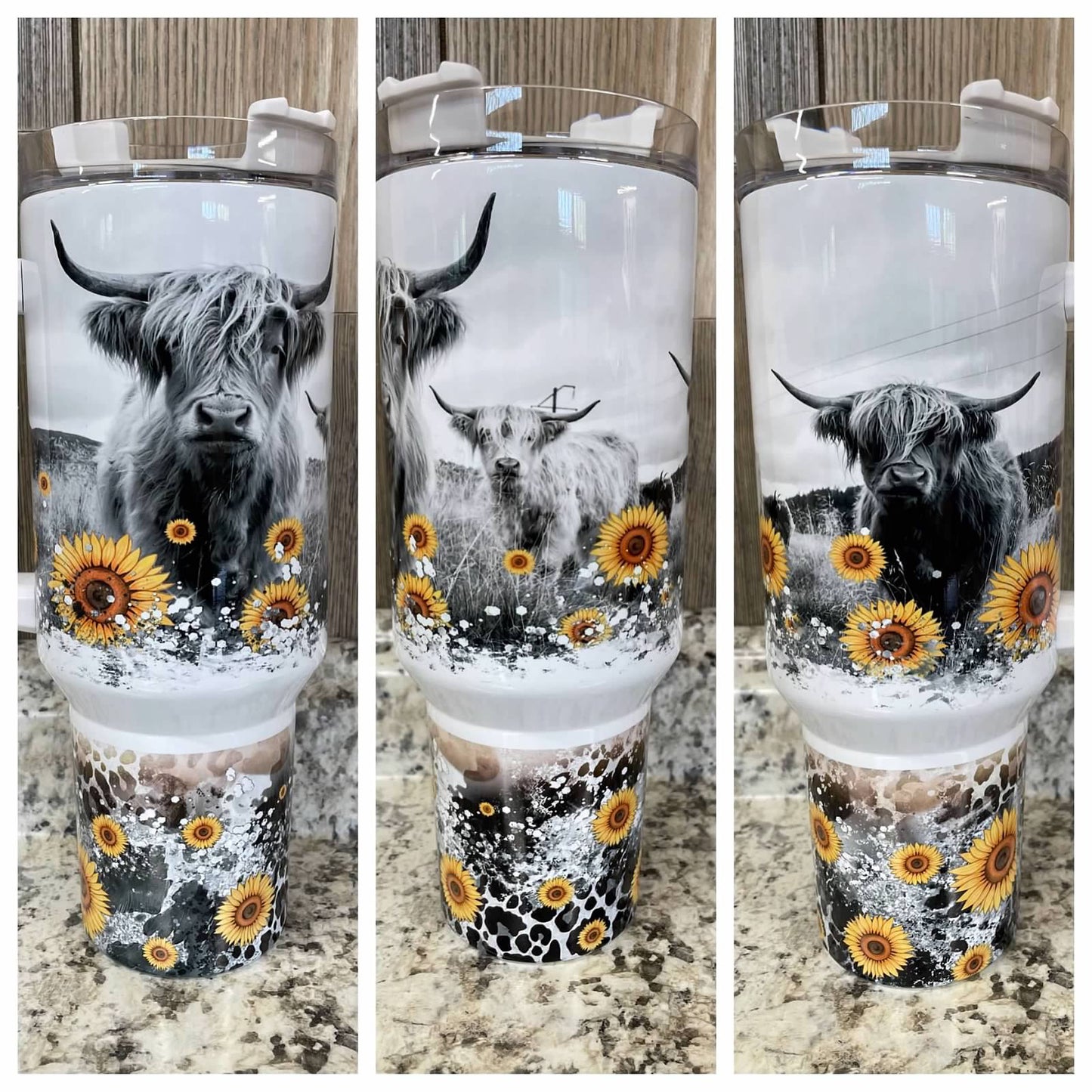 Highlander Cow Black & White Sunflower Rustic 40 ounce Stainless tumbler with Handle