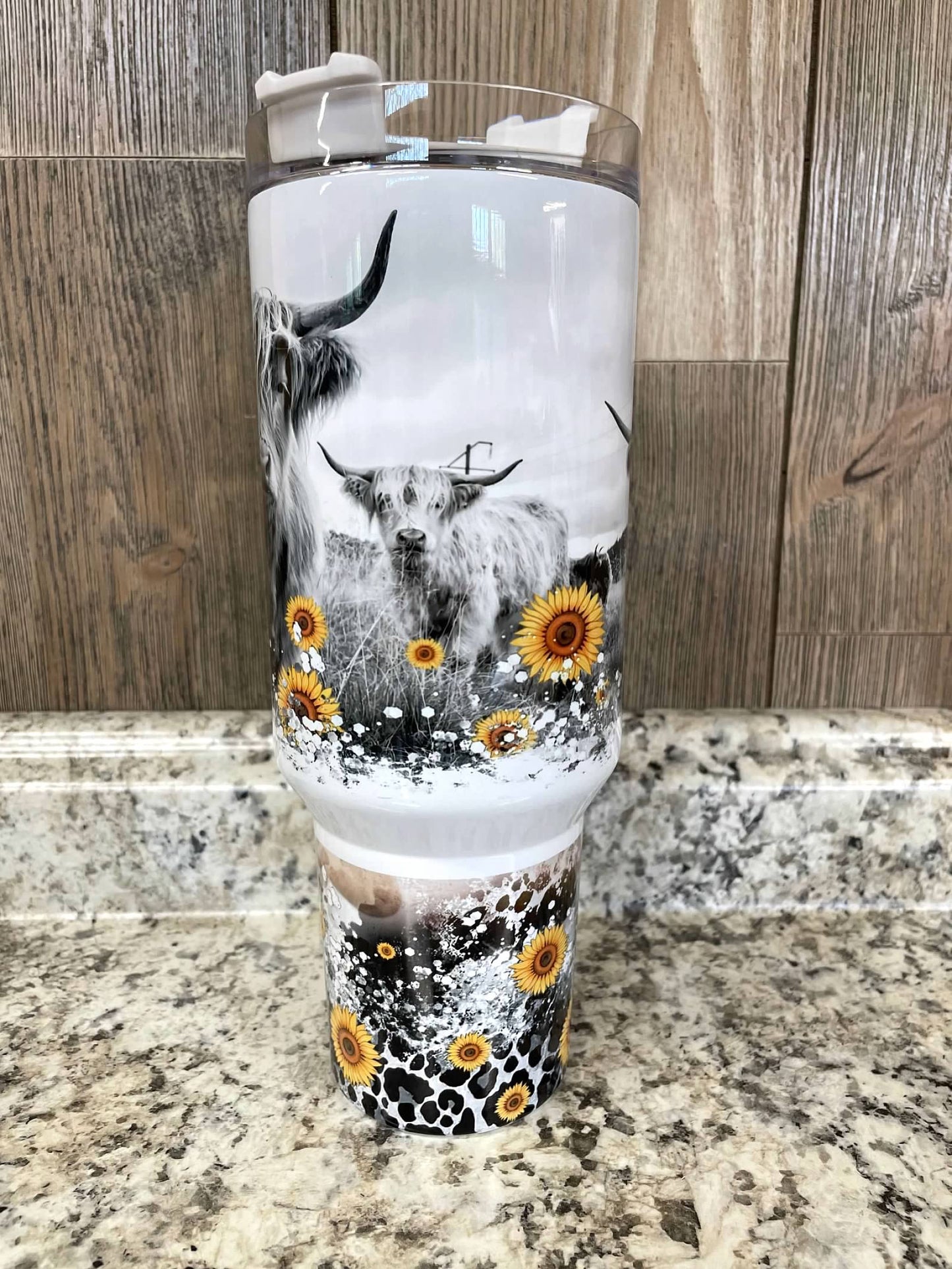 Highlander Cow Black & White Sunflower Rustic 40 ounce Stainless tumbler with Handle