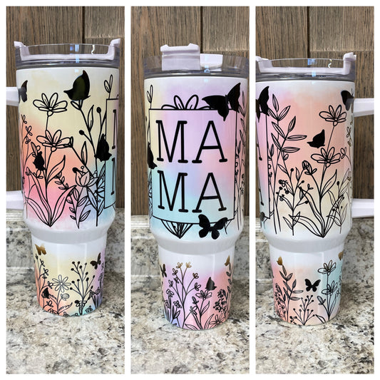 Mama Wild Flower Pastel 40 ounce Stainless Tumbler with Handle