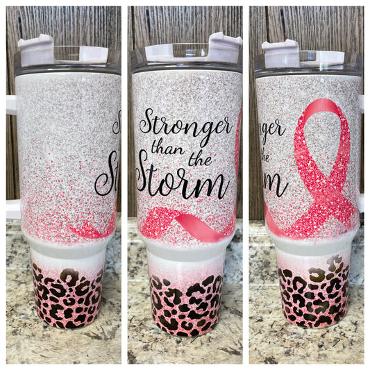 Breast Cancer Awareness Stronger Than The Storm  40 ounce Stainless Tumbler with Handle