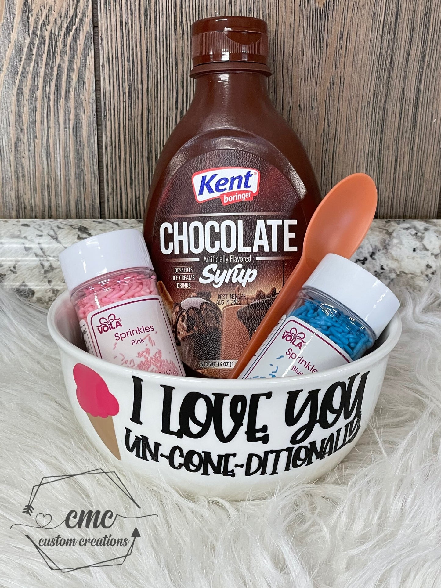 Valentine’s Day bowl with chocolate, sprinkles and color changing spoon