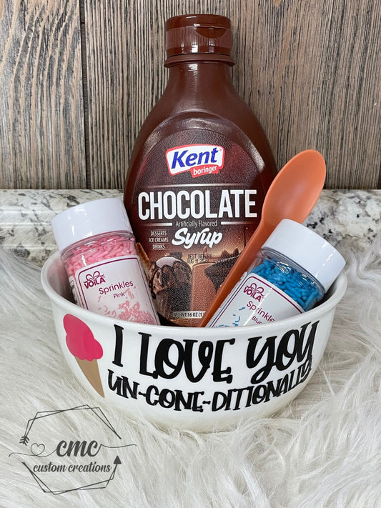 Valentine’s Day bowl with chocolate, sprinkles and color changing spoon