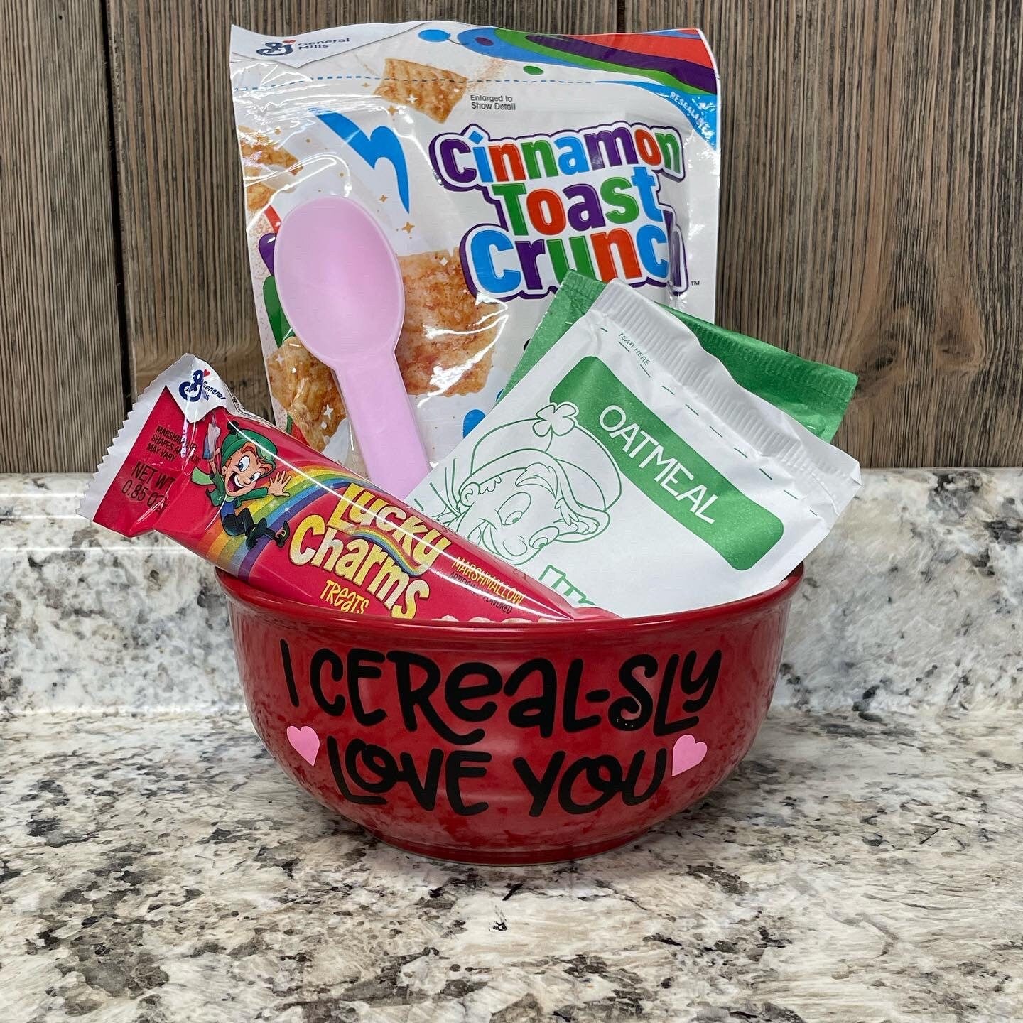 Valentine’s Day bowl with cereal and color changing spoon cerealsly love you