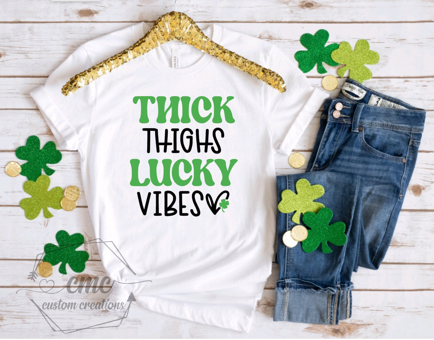 Thick Thighs Lucky Vibes T-Shirt, Funny St. Patrick’s Day shirts, St. Paddy’s Day, Gifts for Women, Crewneck Graphic Tee