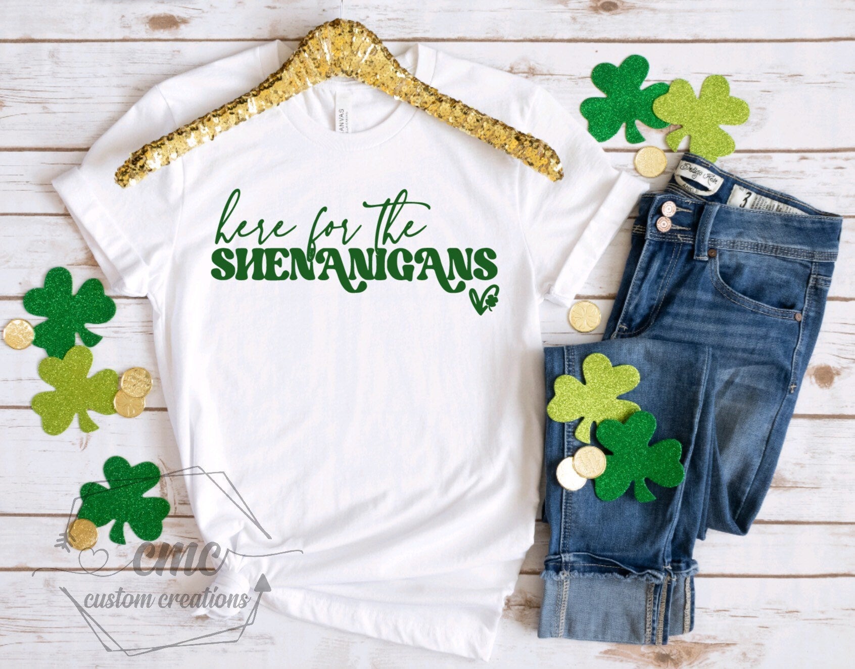 Here for the Shenanigans T-Shirt, Funny St. Patrick’s Day shirts, St. Paddy’s Day, Gifts for Women, Crewneck Graphic Tee