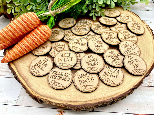 Easter egg hunt tokens, Wooden tokens, family games. Set of 30 tokens almost
