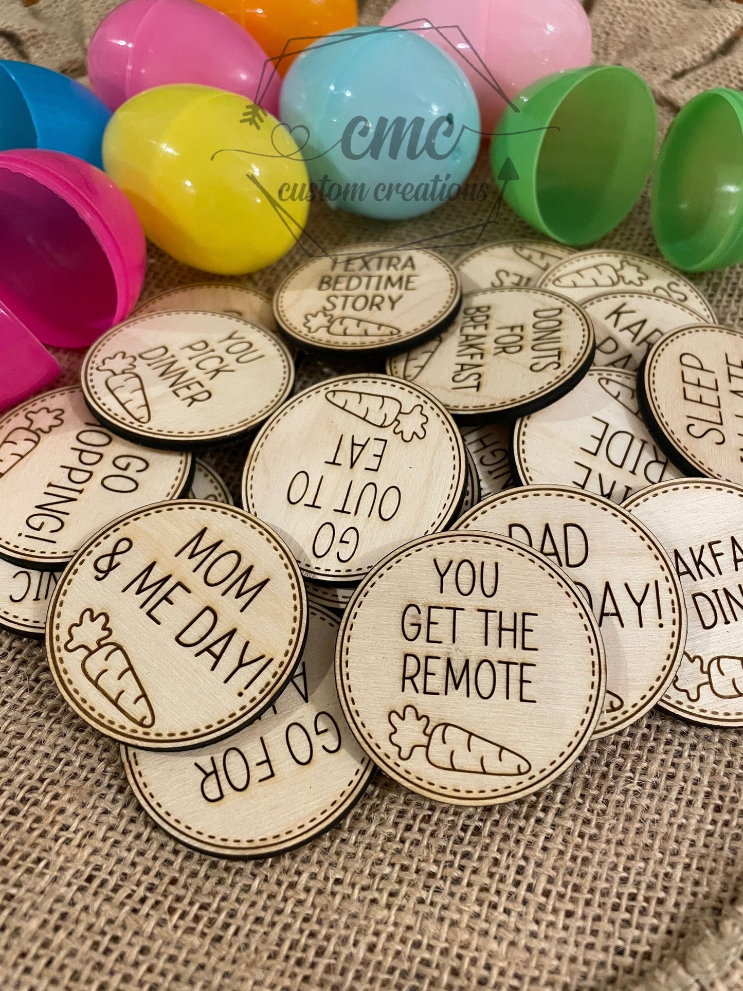 Easter egg hunt tokens, Wooden tokens, family games. Set of 30 tokens almost