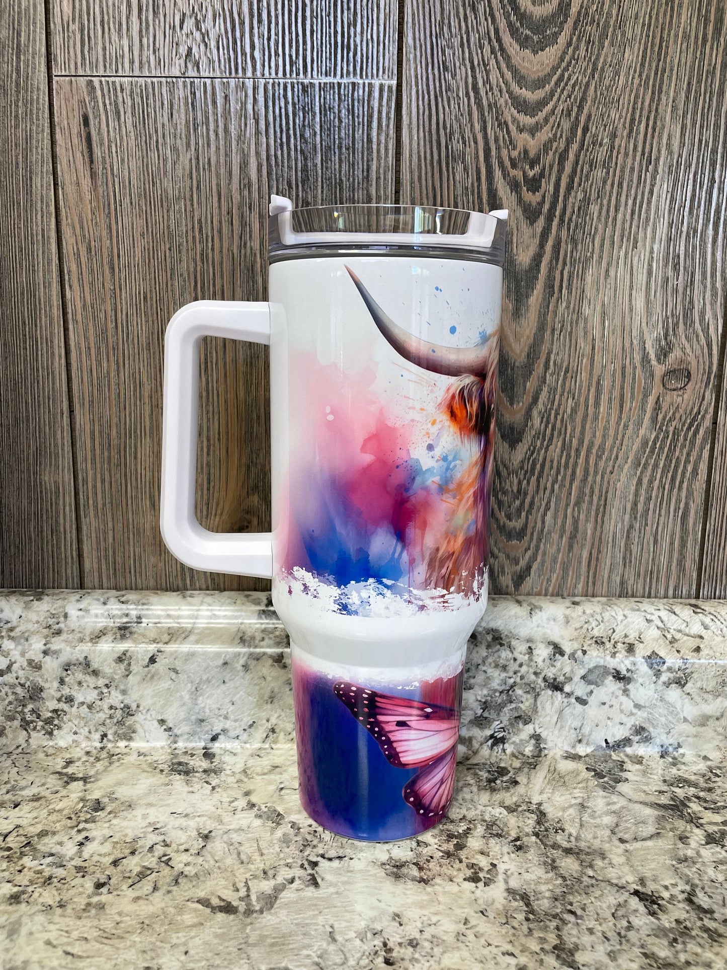 Highlander Cow Butterfly Watercolor 40 ounce Stainless Tumbler with Handle