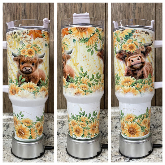 Cute Highlander Cow Sunflower  40 ounce Stainless Tumbler with Handle