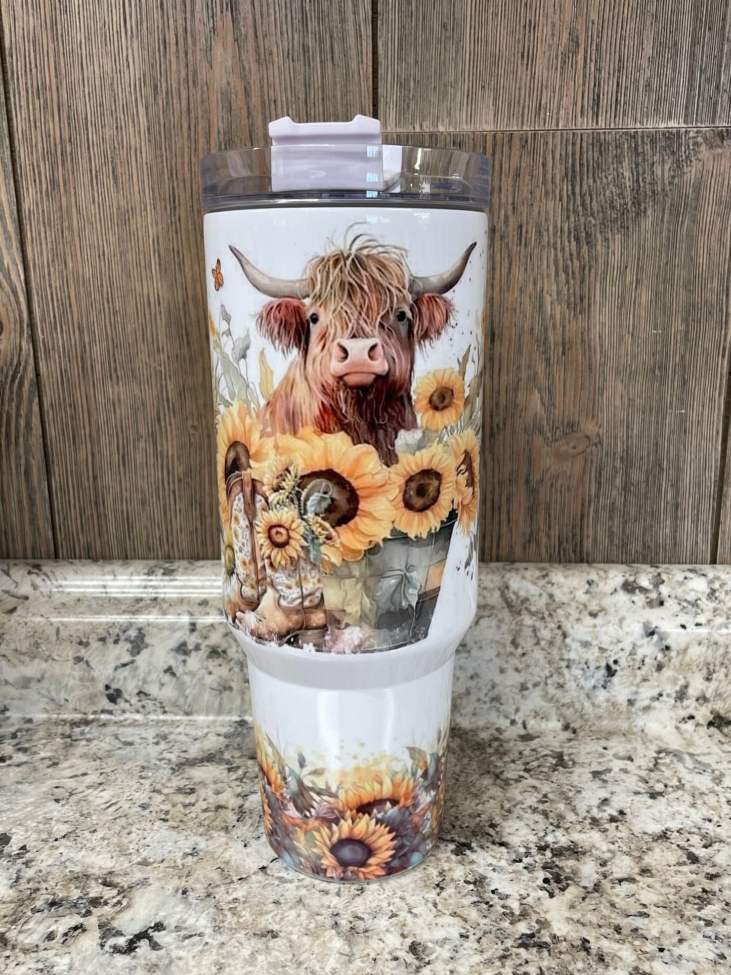 Highlander Cow Sunflower Rustic 40 ounce Stainless tumbler with Handle