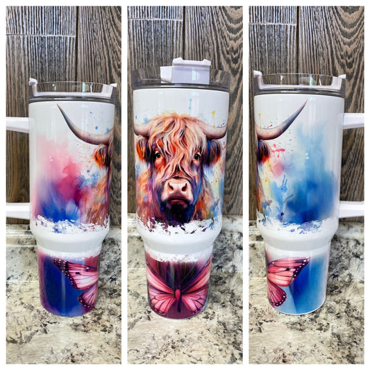 Highlander Cow Butterfly Watercolor 40 ounce Stainless Tumbler with Handle