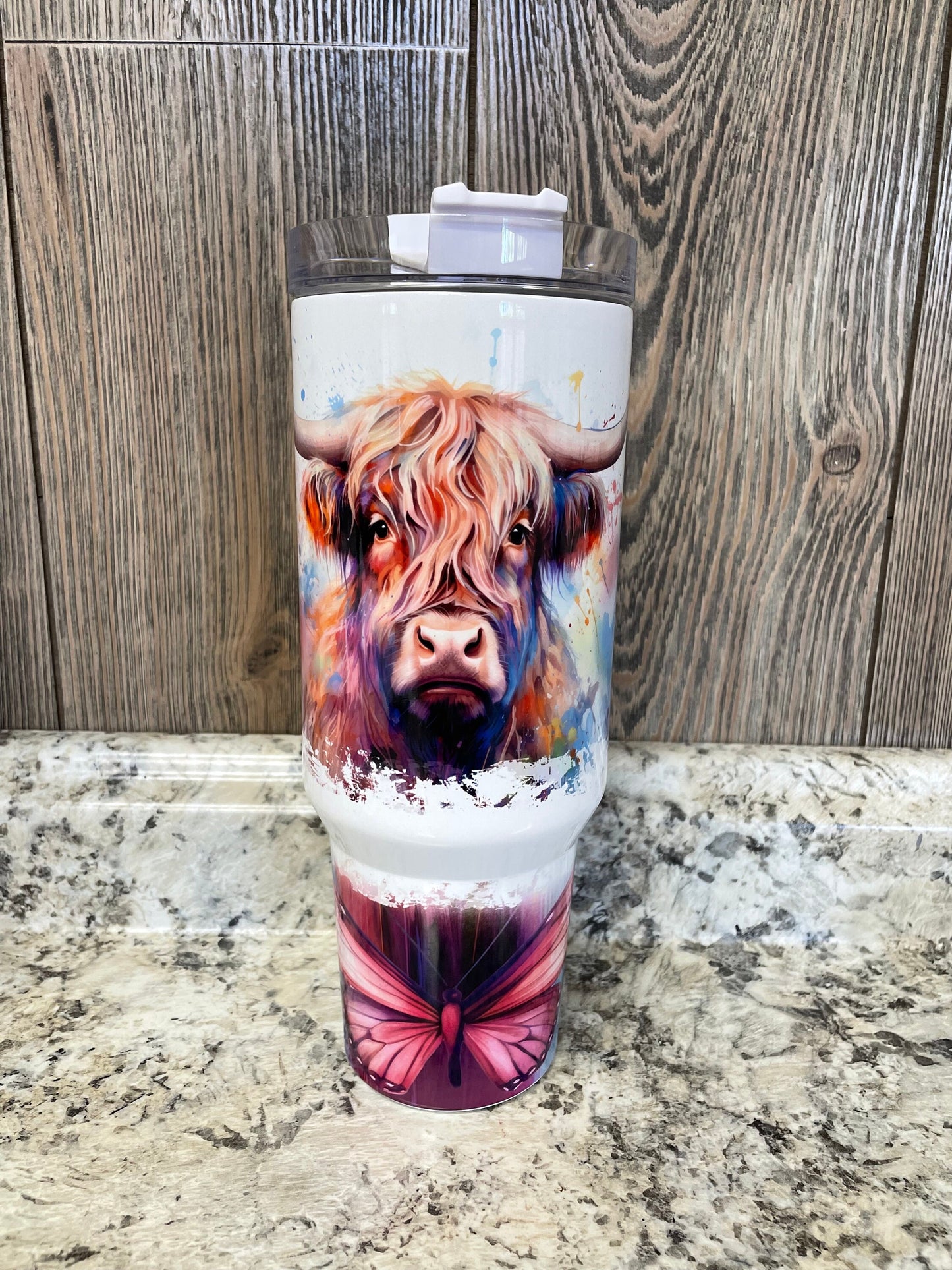Highlander Cow Butterfly Watercolor 40 ounce Stainless Tumbler with Handle