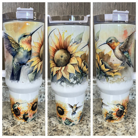 Hummingbird Sunflower 40 ounce Stainless Tumbler with Handle