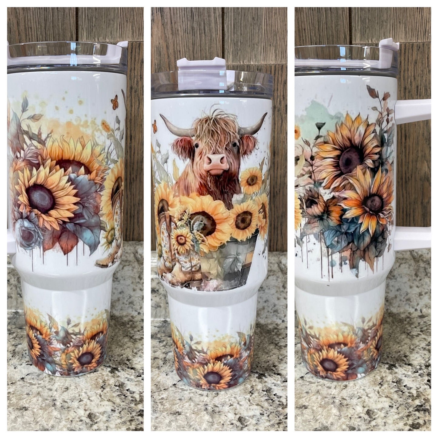 Highlander Cow Sunflower Rustic 40 ounce Stainless tumbler with Handle