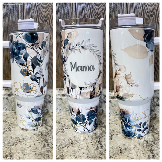 Mama Navy & Gold Floral 40 ounce stainless tumbler with Handle